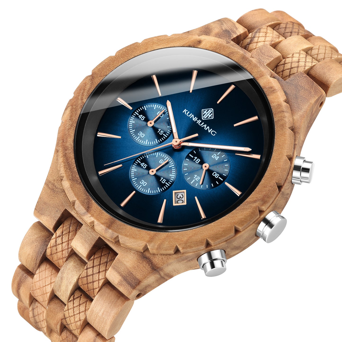 KUNHUANG Men's Wooden Chronograph Watch | Blue Dial Rose Gold Hands | Natural Wood Bracelet | Luxury Handcrafted Timepiece