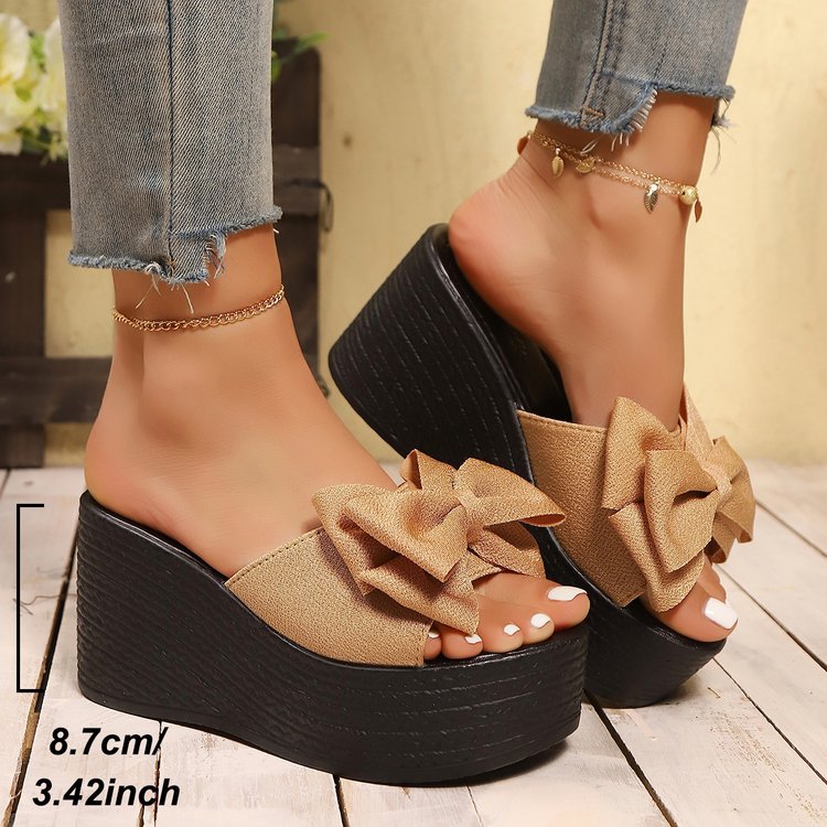 Cream Bow Platform Wedge Sandals | High Wedge Slide Mule Open Toe Summer Shoes Women