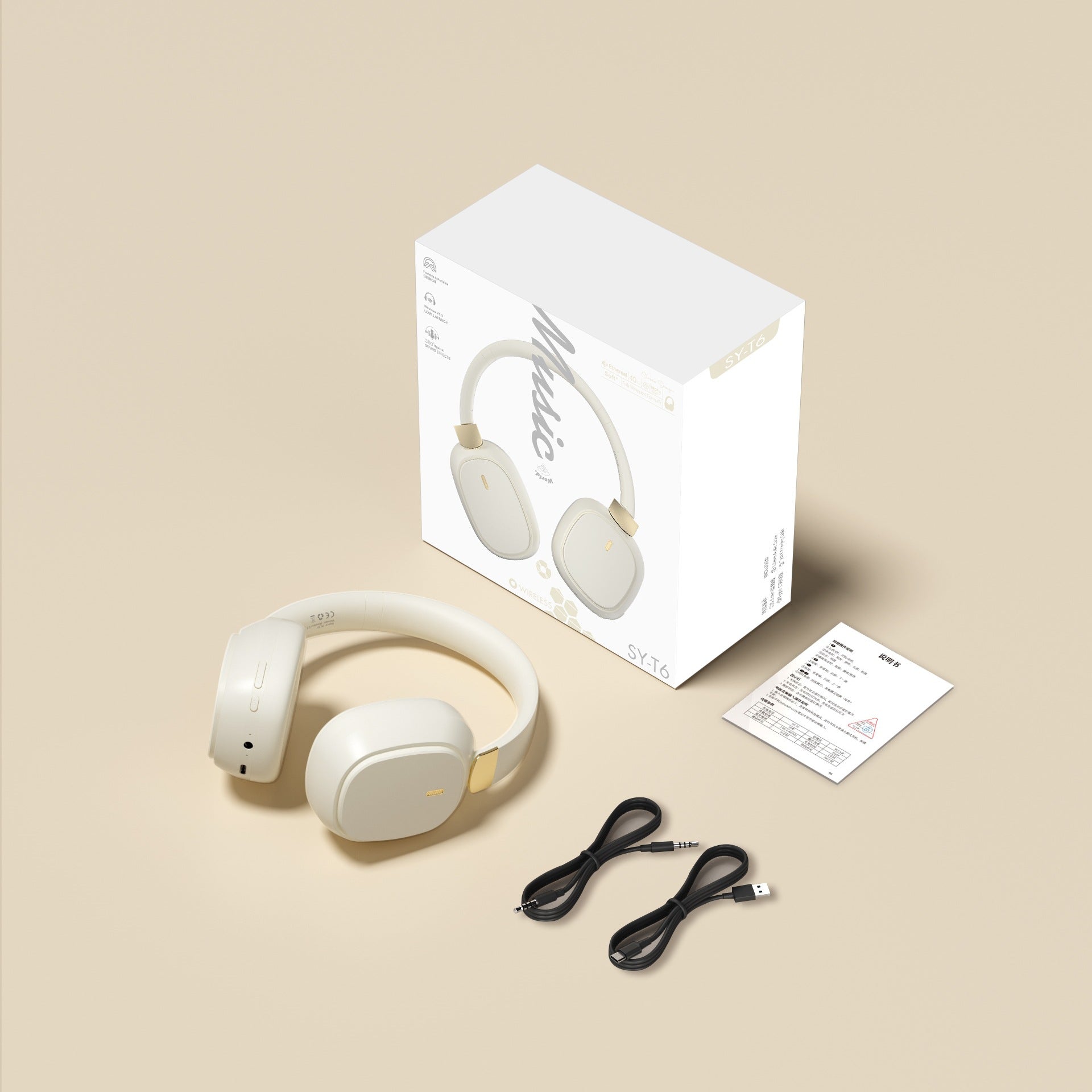 Wireless Bluetooth Over-Ear Headphones 6D Immersive Stereo Sound Foldable On-Ear Headset with Wired Mode USB Charging Cable Mic for Music Gaming Travel School - SY-T4