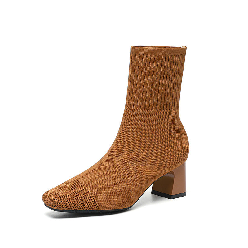 Black Ribbed Knit Sock Block Heel Ankle Boots | Women's Stretch Pointed Toe Silver Accent Heel Booties