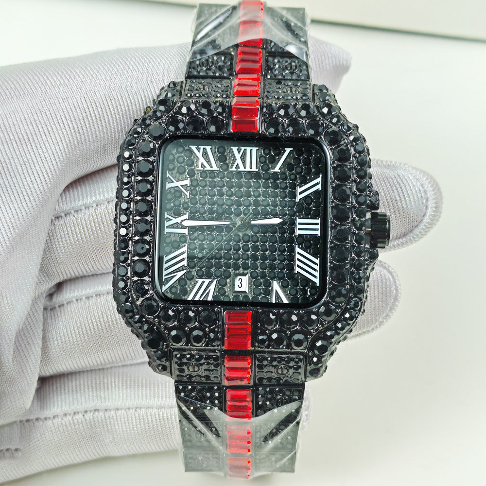 Iced Out Square Watch Men | Black CZ Blue Sapphire Baguette | Roman Numeral Blue Pave Dial | Hip Hop Luxury Date Watch