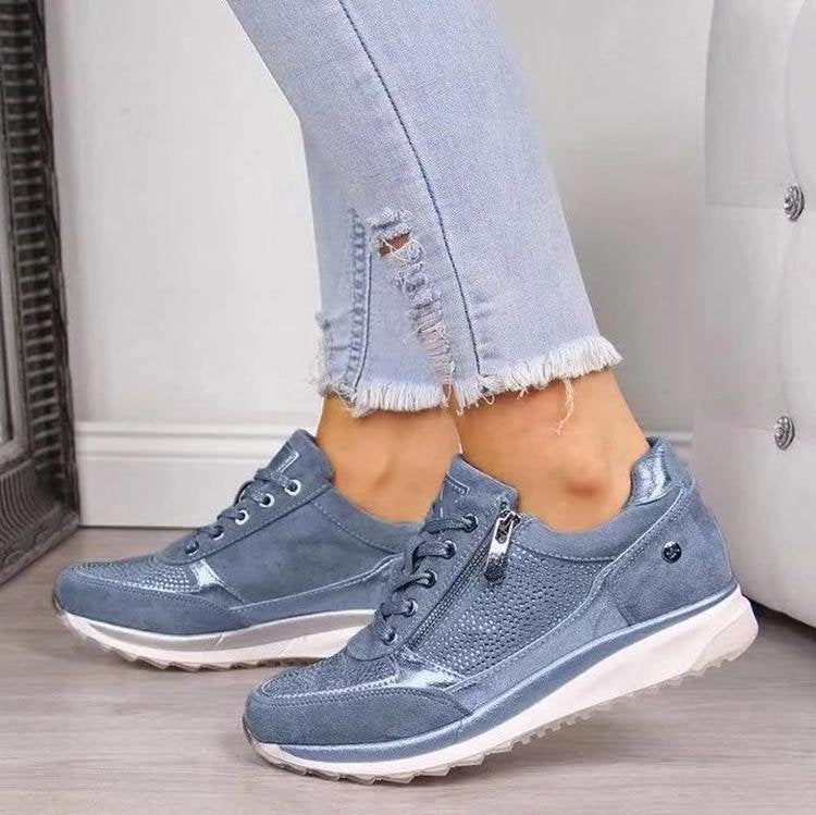 Silver Rhinestone Crystal Zip Lace-Up Wedge Sneakers | Glam Diamante Platform Trainers for Women