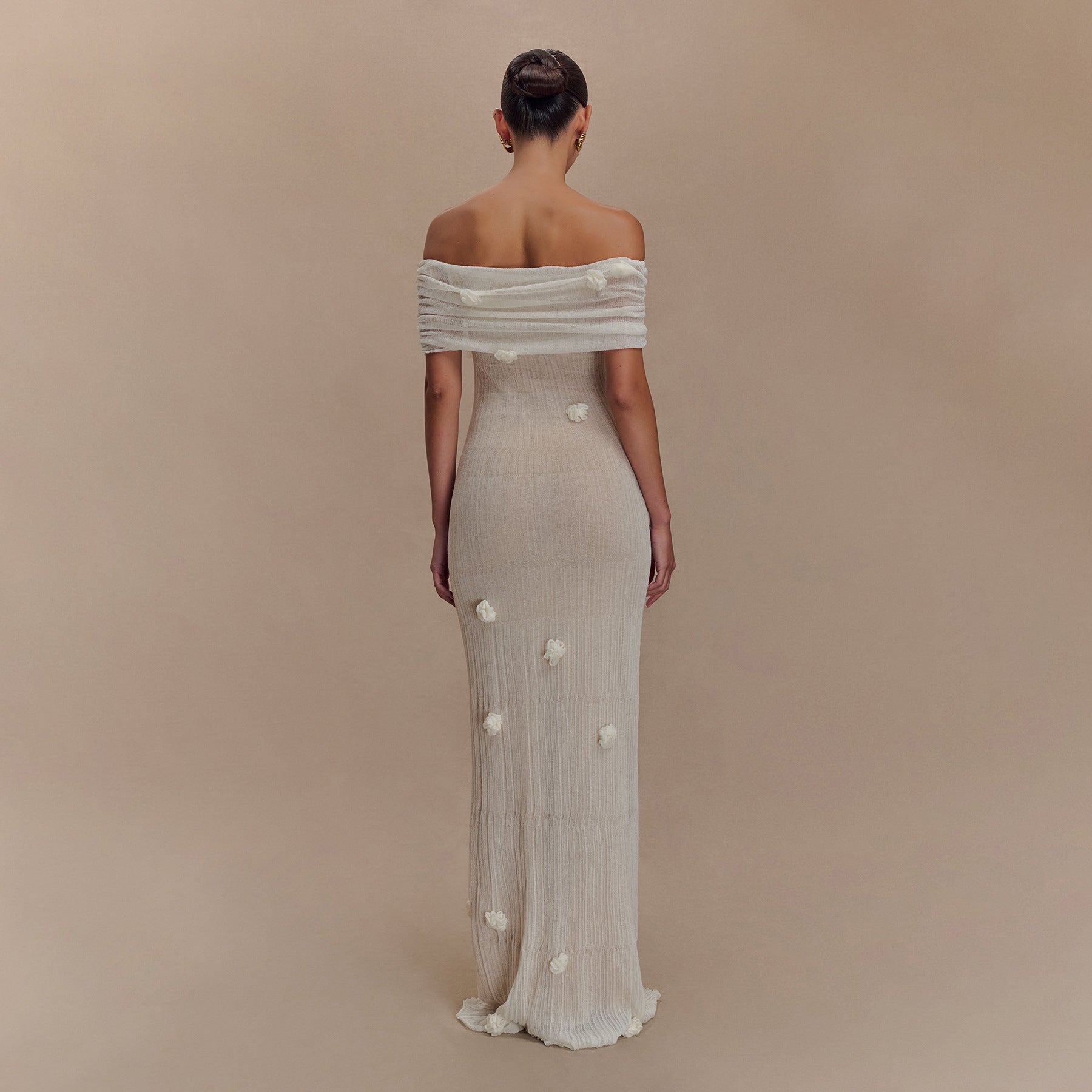 White Off-Shoulder Pleated Maxi Dress | 3D Floral Appliqu� Bridal Gown | Women's Luxury Formal Evening Dress