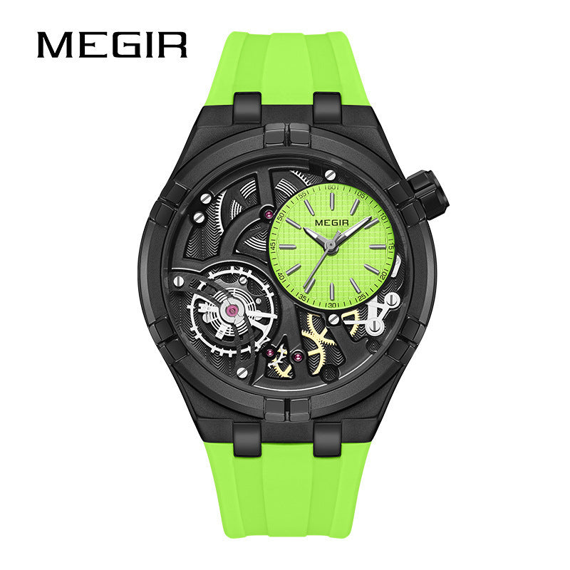 MEGIR Skeleton Watch for Men | Rainbow Dial Luxury Sport Quartz Watch Black Silicone
