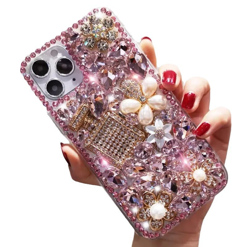 Luxury Bling Rhinestone Phone Case with Red Crystal Gems, Pearl Flowers & Perfume Bottle Design | Glitter Diamond Cover for iPhone