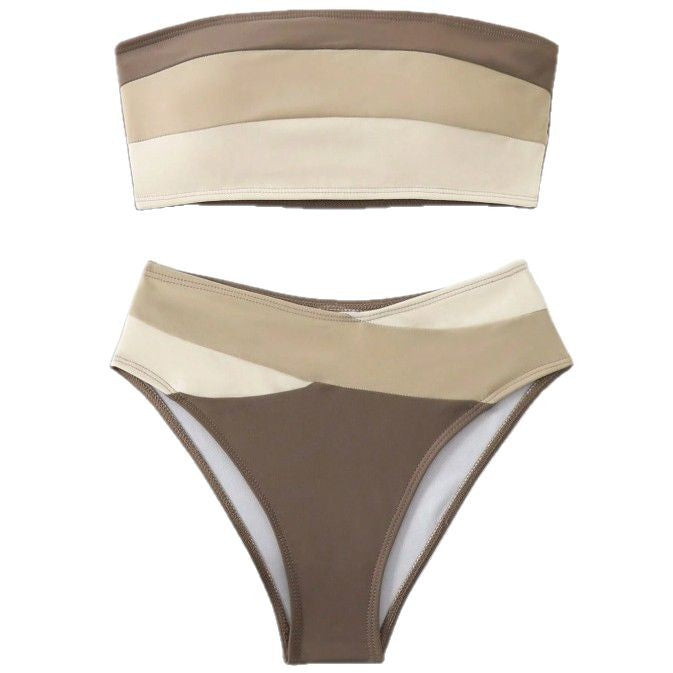 Completo Bikini Fascia Color Block Bianco e Nero, Top Senza Spalline e Slip a Vita Alta, Costumi da Bagno Donna a Contrasto Audace, Costume da Bagno Sportivo Chic da Spiaggia, Costume da Bagno Due Pezzi Minimalista