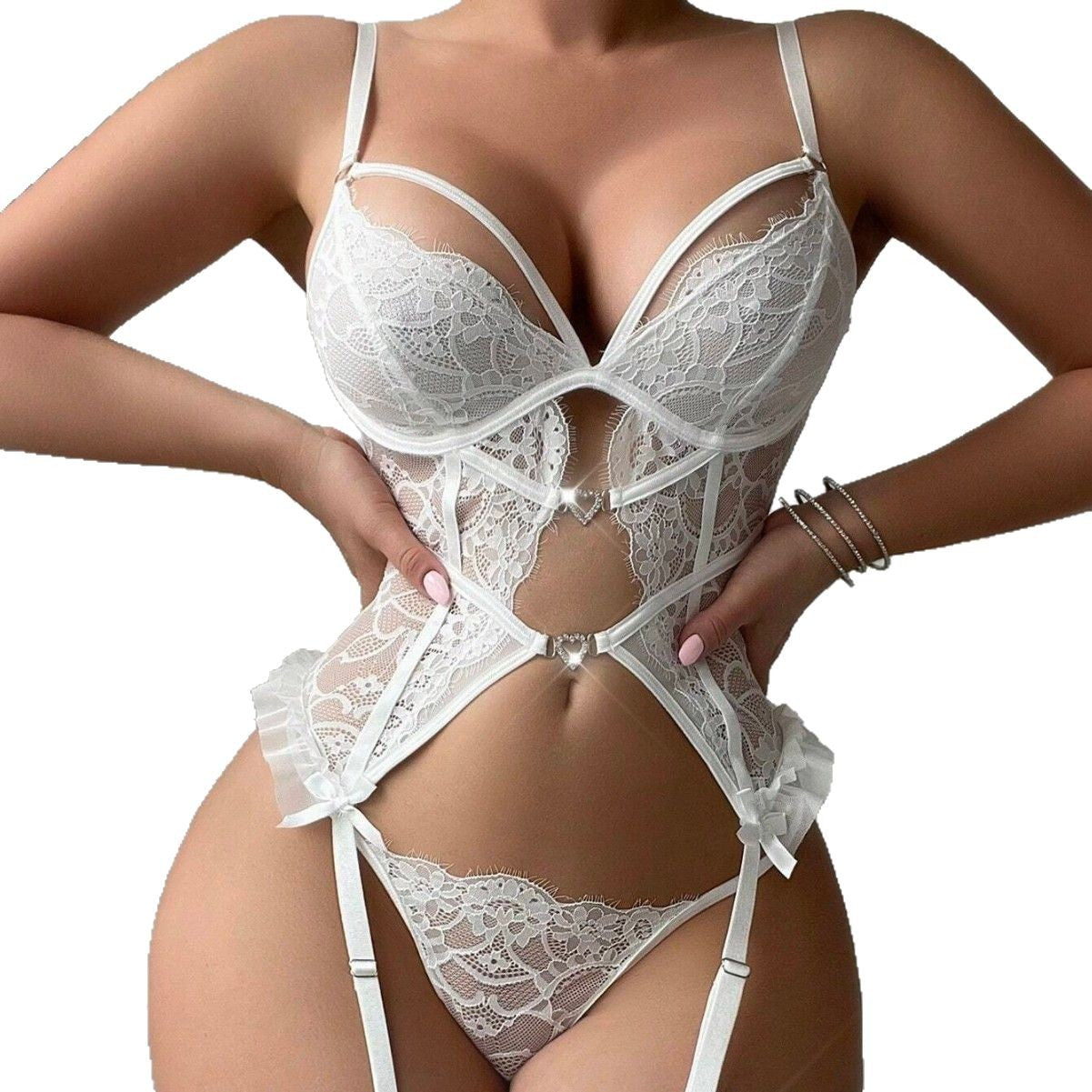 Lilac Purple Floral Lace Corset Teddy Set | Heart Rhinestone Cutout Garter Ruffle Bow Lingerie