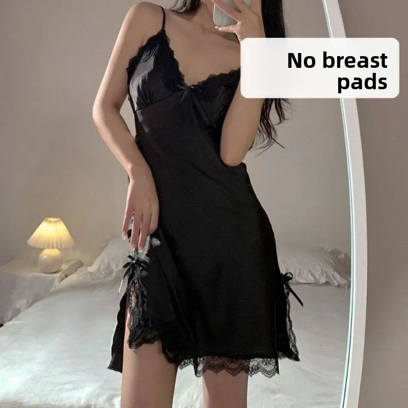 Women's White Satin Lace Trim Babydoll Nightgown | Spaghetti Strap Bow Tie Mini Slip Dress | Bridal Romantic Sleepwear Lingerie Chemise