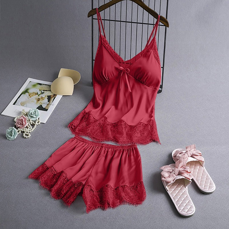 Pigiama da donna in raso malva con stampa cuori bianchi, canotta e pantaloncini con pizzo - Completo da notte in seta a 2 pezzi