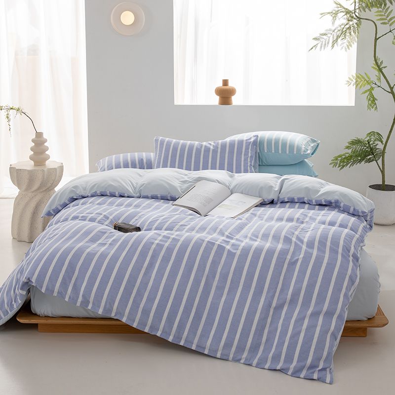 Blue Green Striped Bedding Set | Soft Cotton Duvet Cover with Pillowcases | Minimalist Aesthetic Bedroom Set Queen King