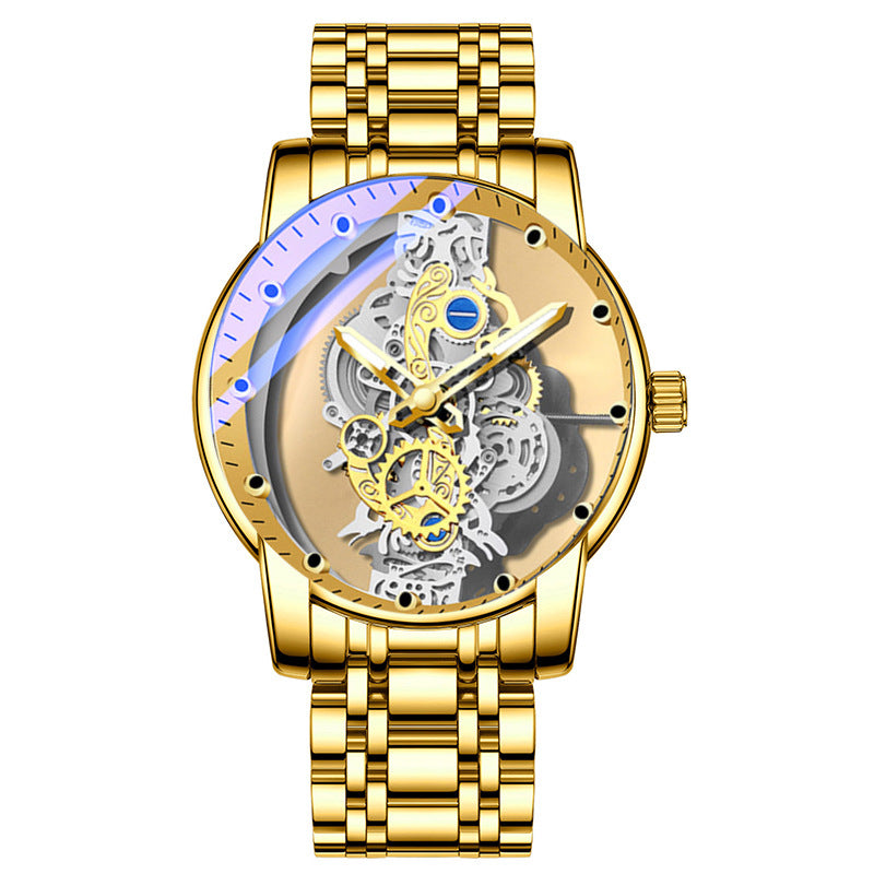 Skelettierte mechanische Herrenuhr mit Automatikwerk | Hohlprofil-Tourbillon, Goldzahnrad, Edelstahl | Luxuriöse Uhr mit blauen Akzenten 