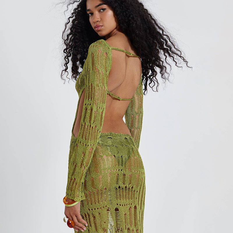 Black Open Knit Hollow Out Long Sleeve Maxi Dress | Sheer Crochet Bodycon Off Shoulder | Sexy See Through Beach Cover Up Evening Dress Women