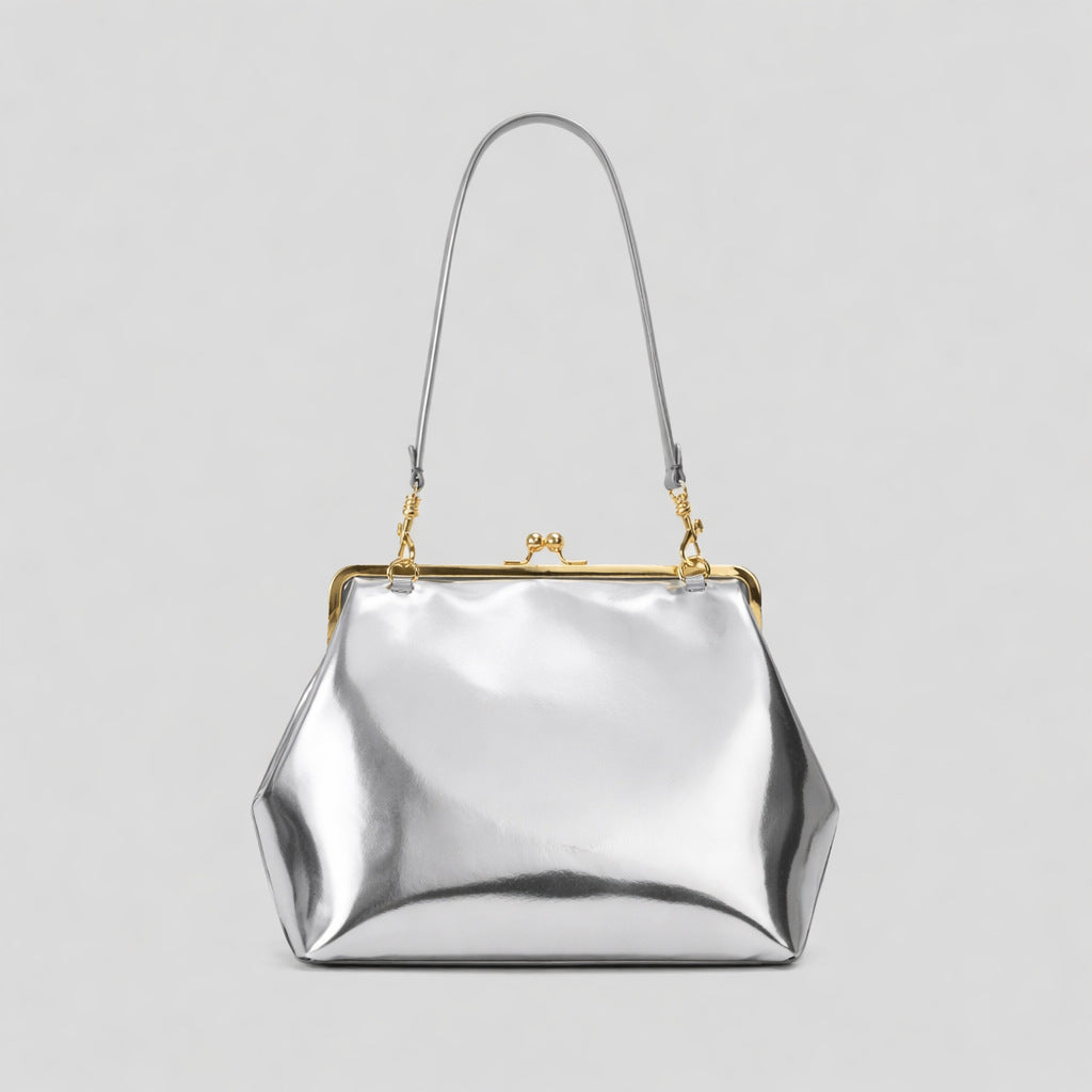 Oversized Black Kiss Lock Frame Bag | Gold Clasp Shoulder Bag for Women | Vintage Doctor Style Clutch Handbag