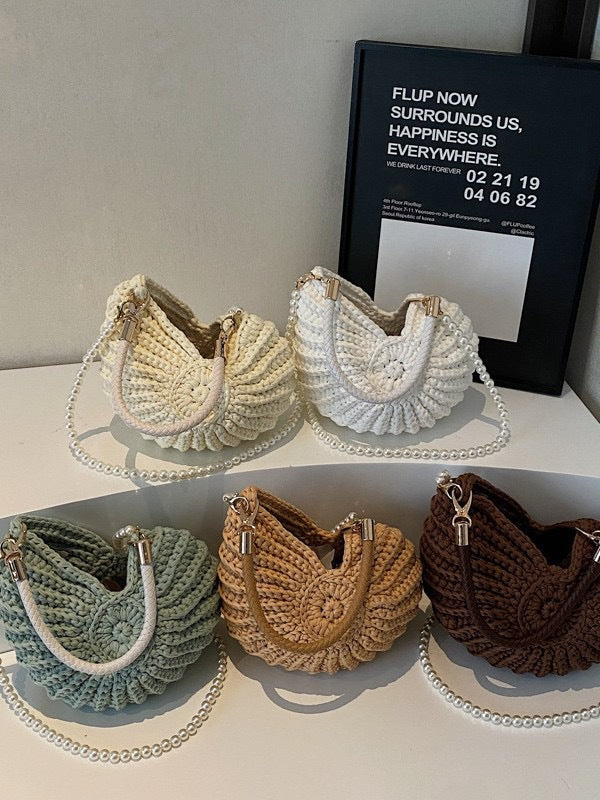 White Crochet Shell Bag | Pearl Chain Strap Handbag Woven Shoulder Purse for Women