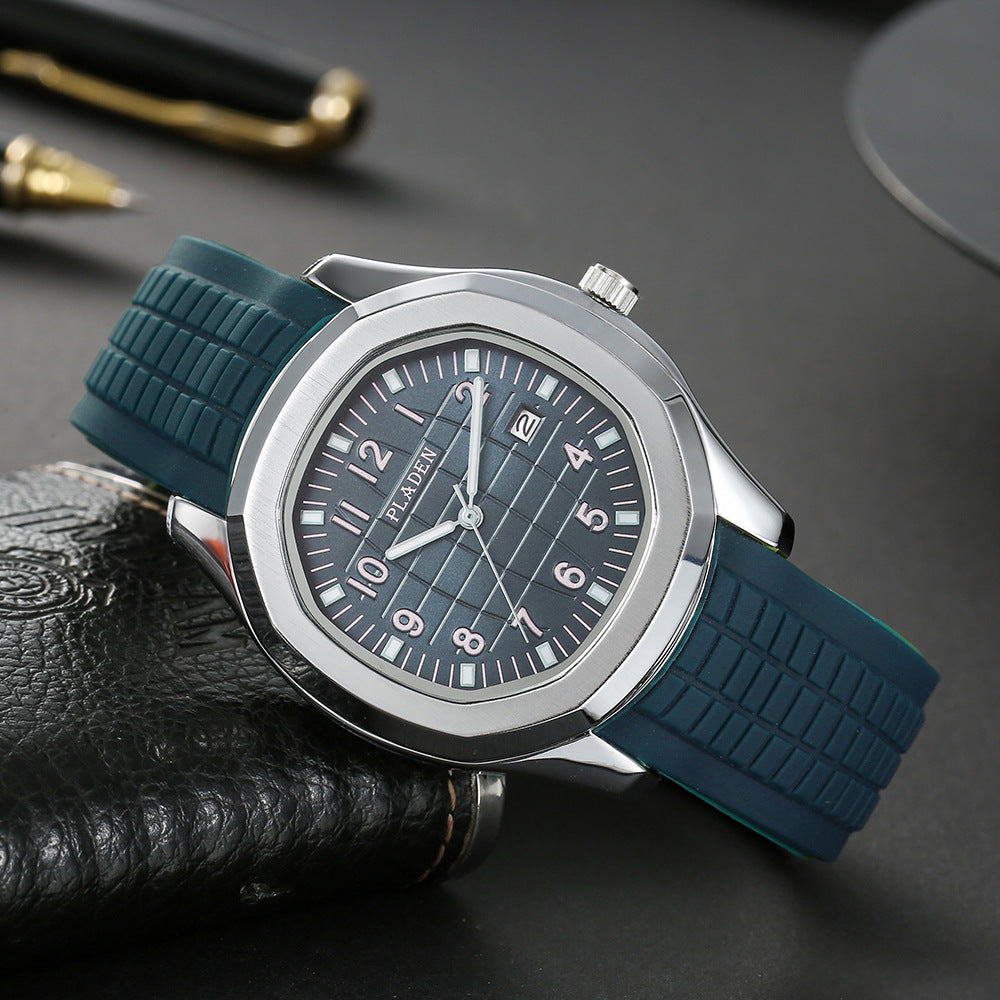 Pladen Men's Sport Watch | Grey Textured Dial Silver Case Black Rubber Strap Aquanaut Style Date Watch