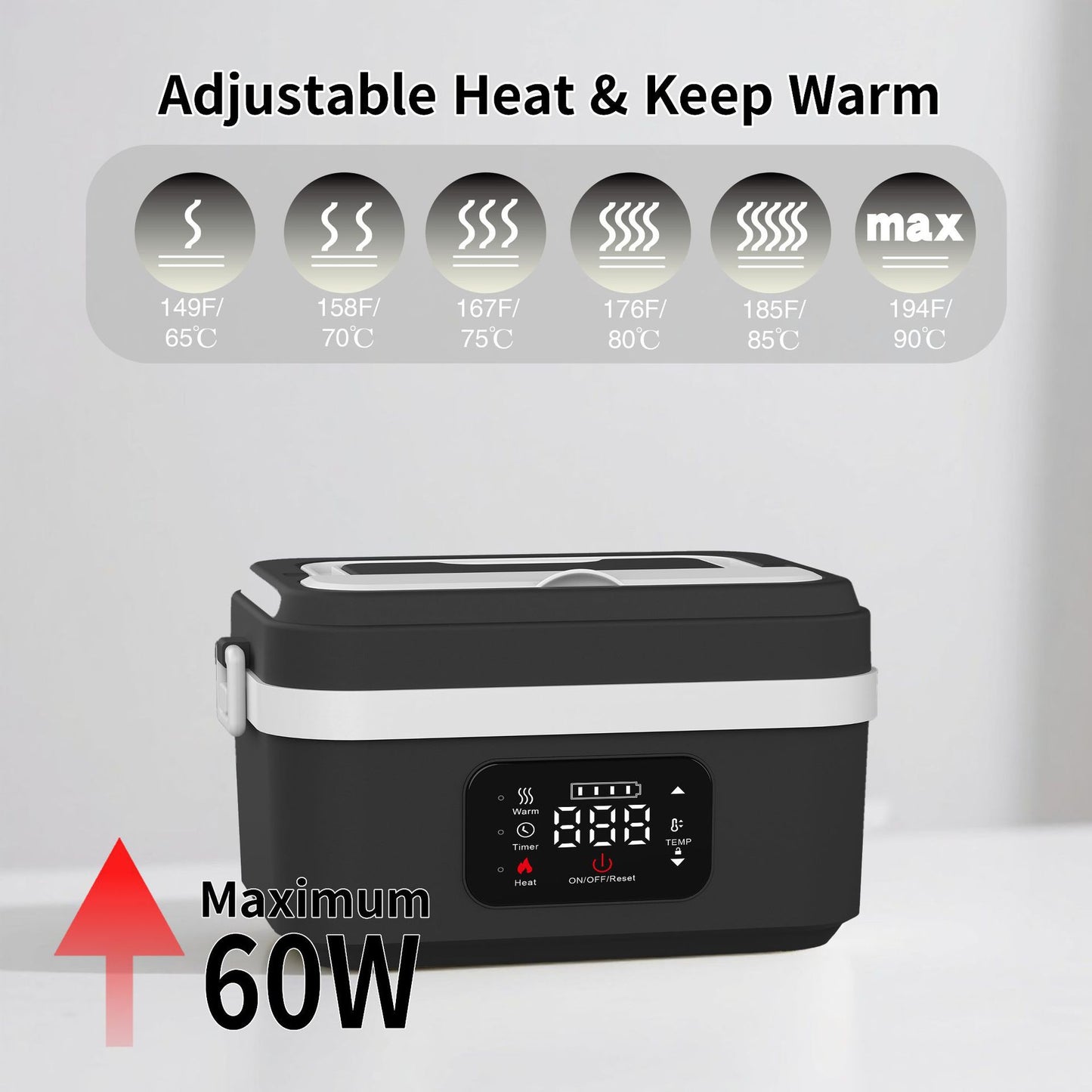 Electric Lunch Box Food Heater with LCD Display Timer & Carry Bag - Portable Self Heating Bento Box Stainless Steel Container for Work