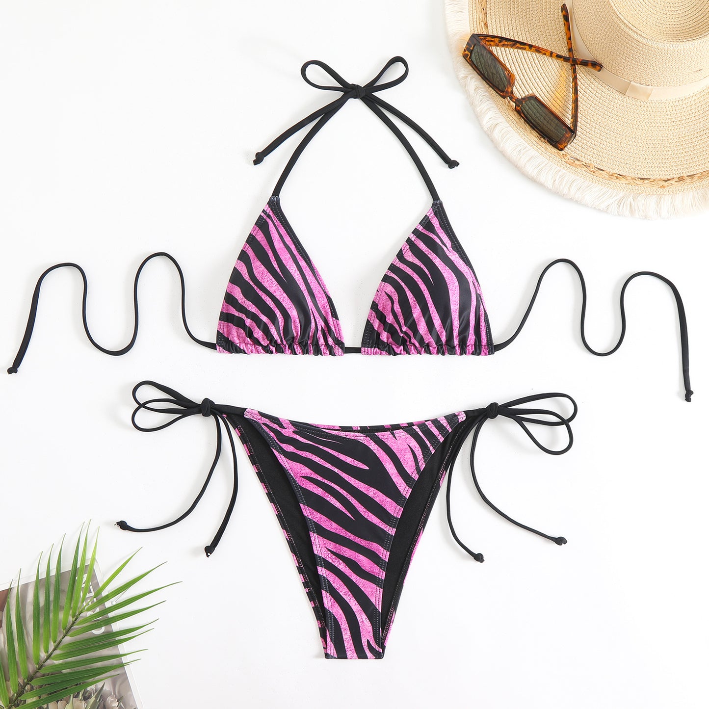 Completo bikini a triangolo stampa zebrata da donna | Bikini con laccetti all'americana e ai fianchi | Costumi da bagno stampa animalier | Disponibile in vari colori