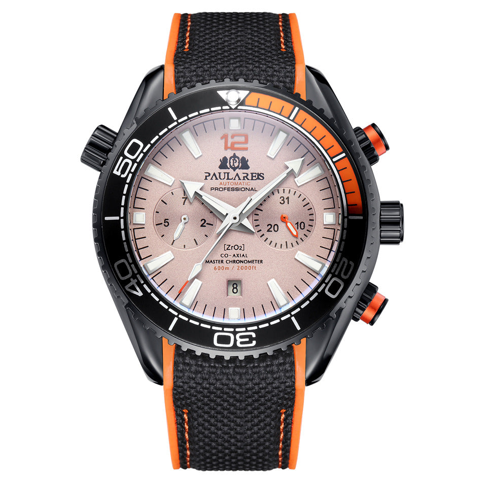 Paulareis Automatic Professional Diver Chronograph Watch | ZrO2 Co-Axial Master Chronometer 600m | Black & Orange Rubber Strap Men's Watch