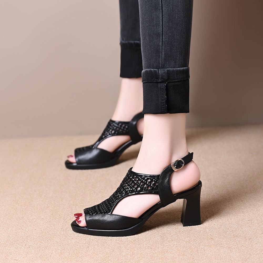 Black Leather Woven Cutout T-Bar Peep Toe Platform Block Heel Slingback Sandals | Women's Breathable High Heel Shoes