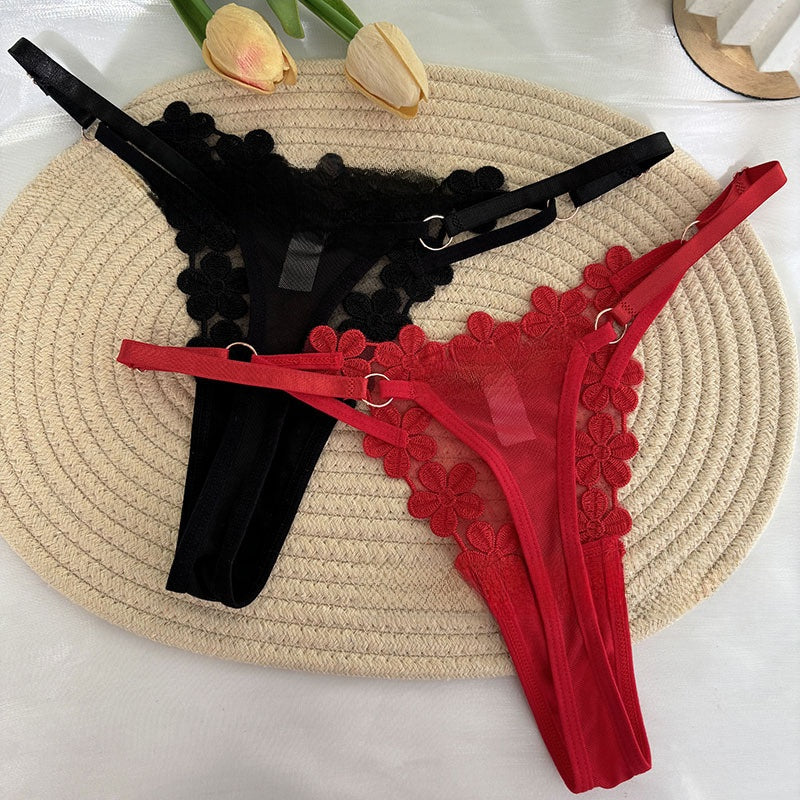 Perizoma da donna in rete con applicazioni floreali 3D rosse - Lingerie perizoma trasparente con cinturino regolabile e dettagli floreali