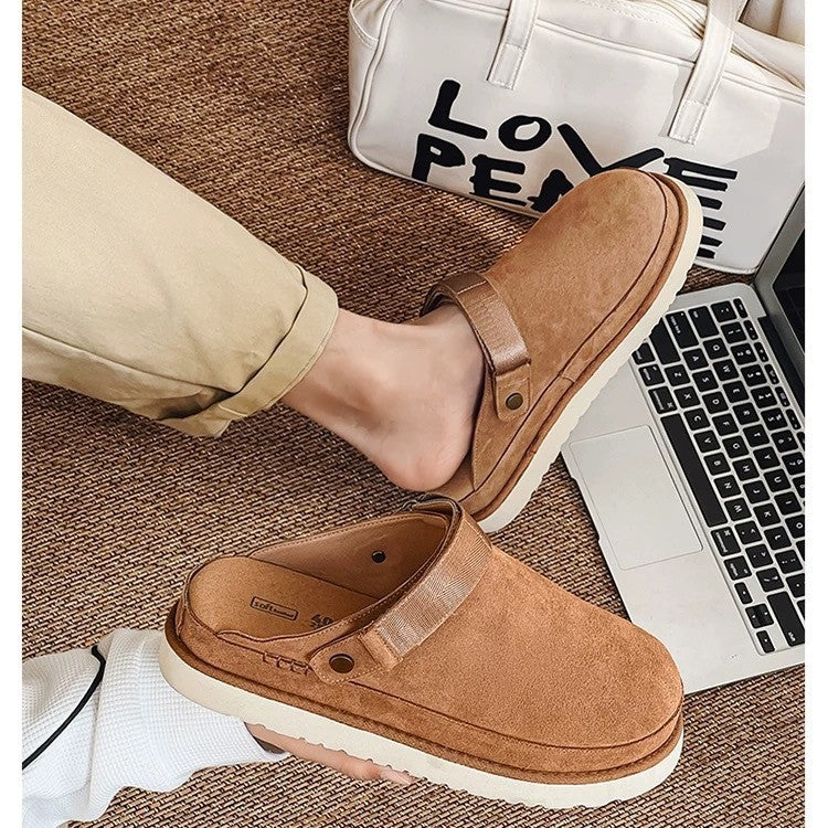 Women's Suede Platform Clogs with Back Strap | Closed Toe Mule Slippers | Camel Tan Casual Shoes | Cozy Everyday Footwear