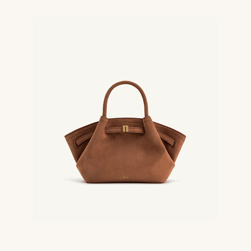 Borsa a mano strutturata in camoscio nero con design ad ala | Borsa tote trapezoidale