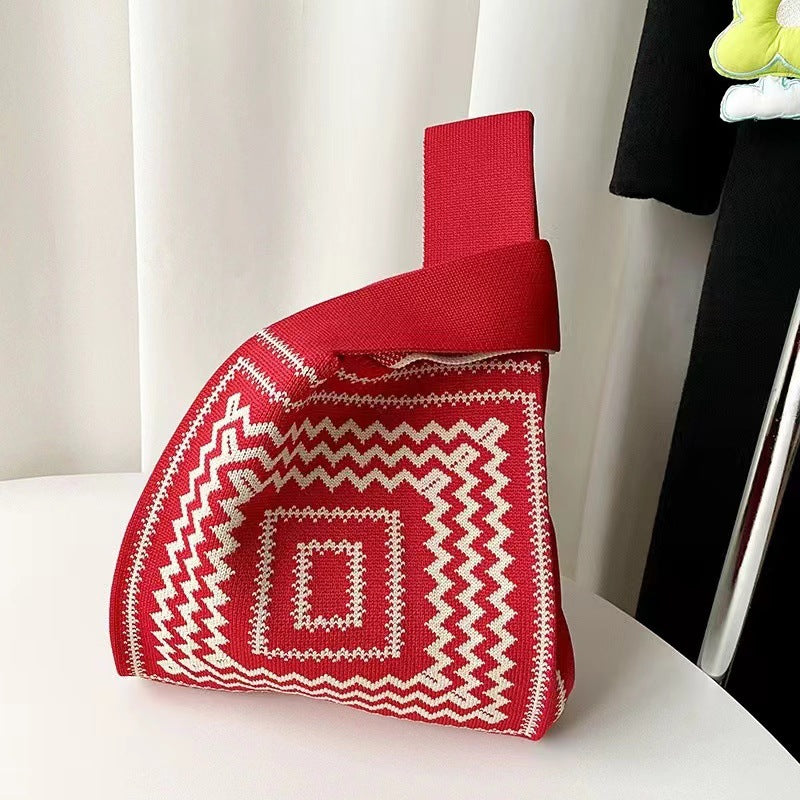 Black & White Geometric Knit Tote Bag | Aztec Pattern Wrist Handle Handbag | Boho Crochet Style Women's Bag