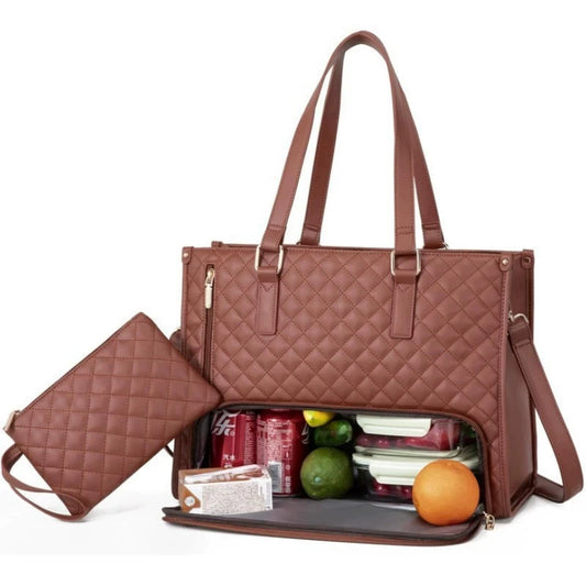 Black Quilted Insulated Lunch Tote Bag Set with Crossbody Pouch | 2-Piece Cooler Bag