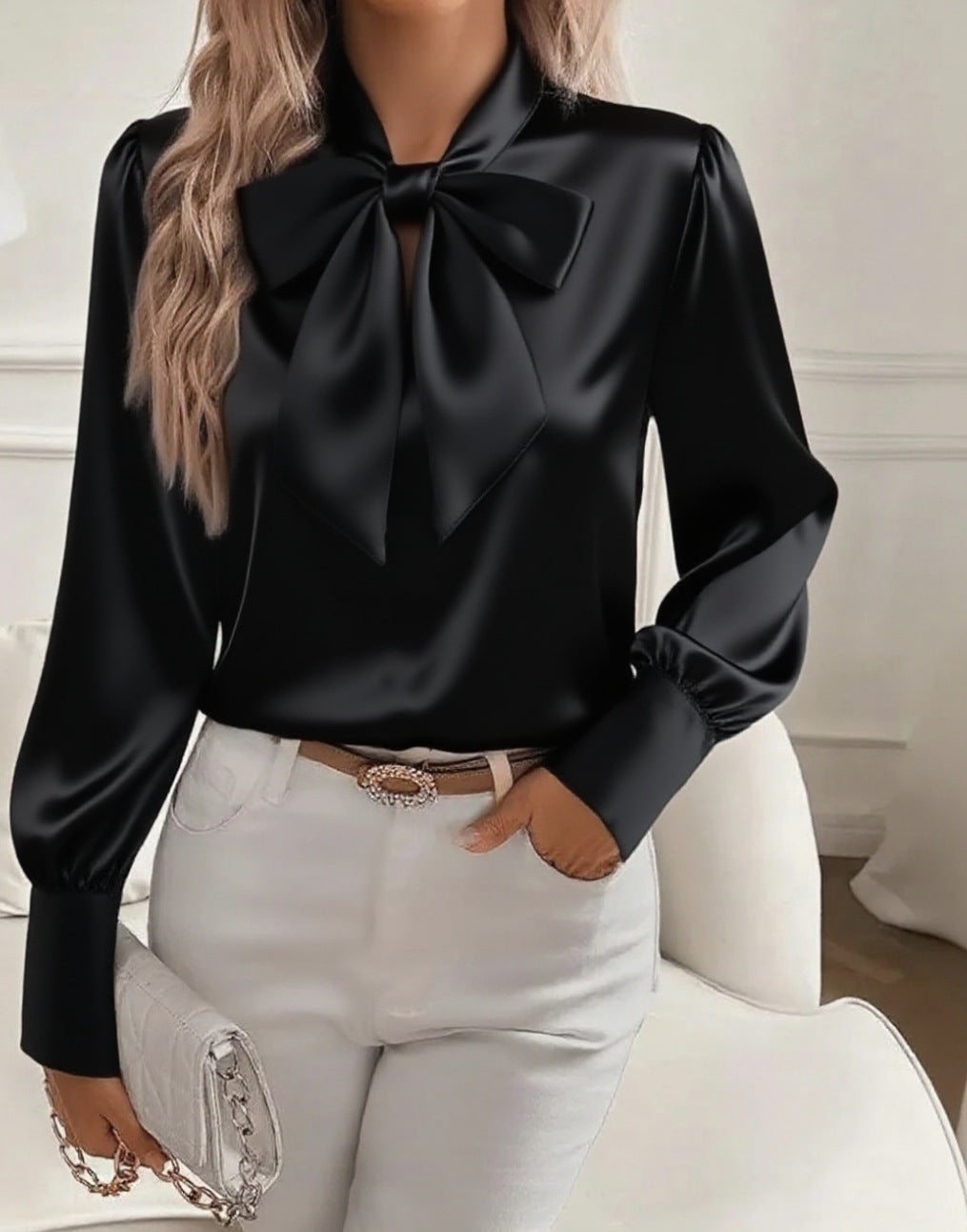 Womens Black Satin Bow Tie Neck Blouse Elegant Long Sleeve Puff Shoulder Silk Like Top for Office Work Party and Formal Occasions