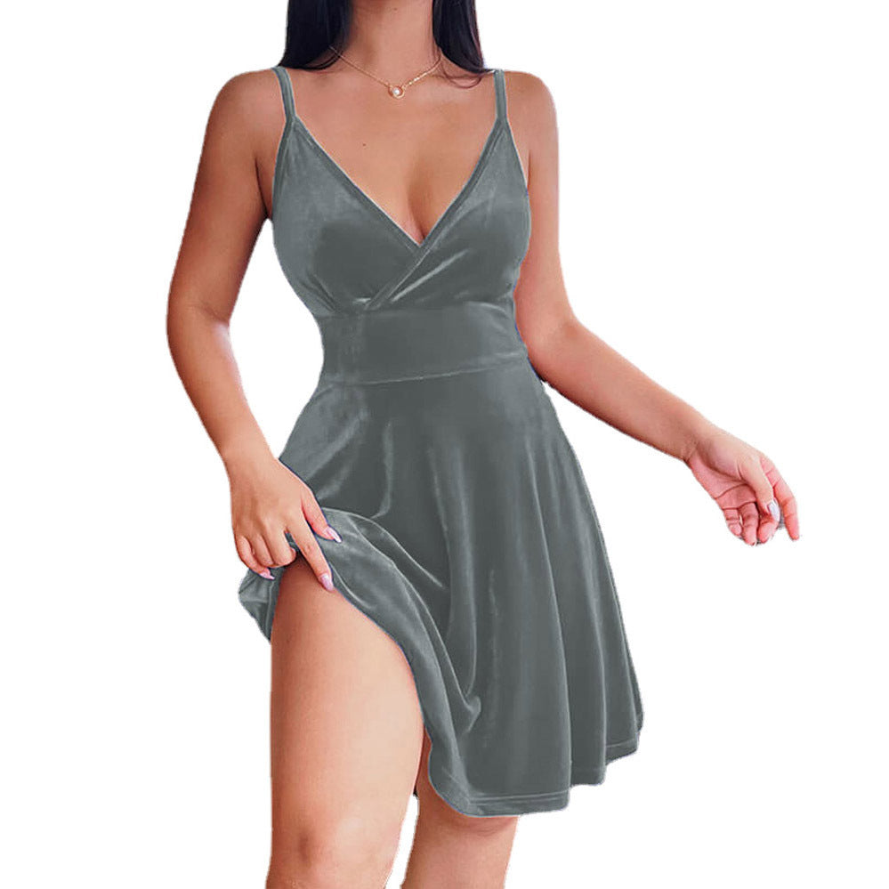 Velvet Spaghetti Strap Mini Dress | V-Neck Wrap Skater Dress with Side Slit | Sexy Party Club Dress in 6 Colors