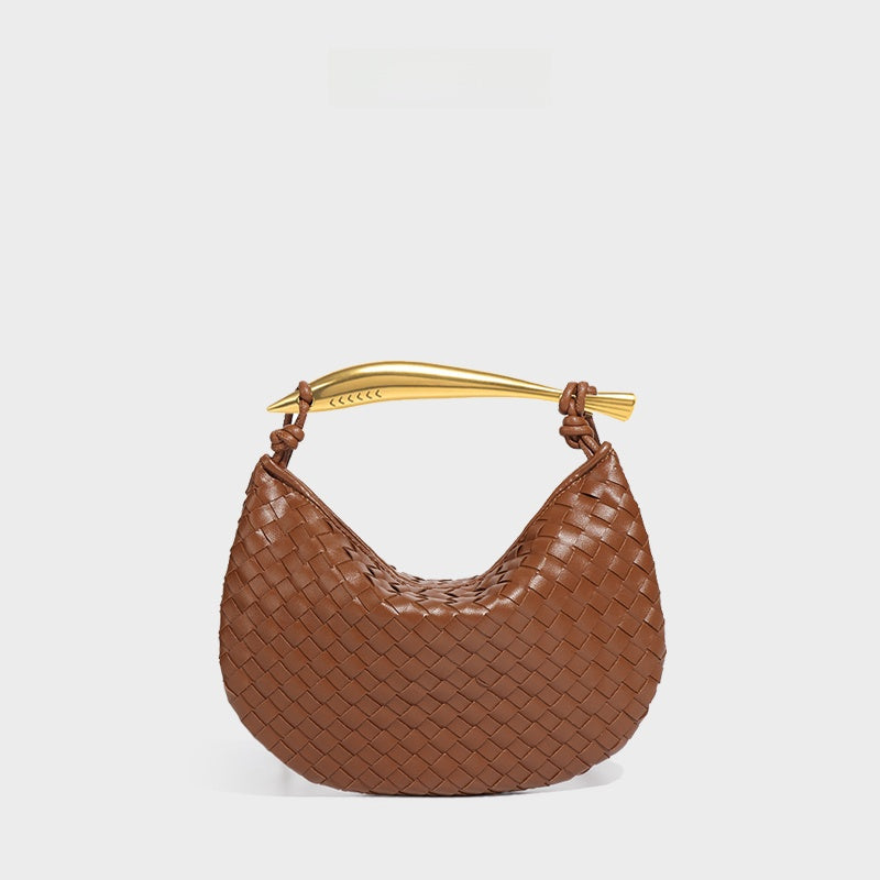 Burgundy Woven Leather Hobo Bag with Gold Handle | Intrecciato Crescent Shoulder Bag