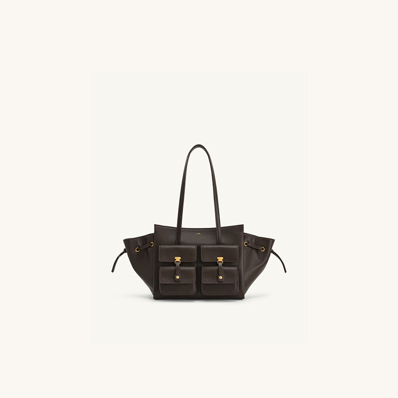 JW PEI Linda Genuine Leather Shoulder Tote Bag Camel Beige Tote Bag with Front Pockets | Wing Tote Shoulder Bag Leather