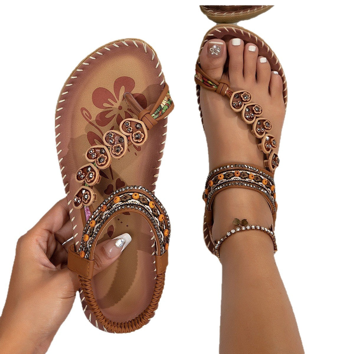 Women's Tan Boho Beaded Thong Sandals ? Ethnic Floral Rhinestone Elastic Ankle Strap Flat Summer Shoes