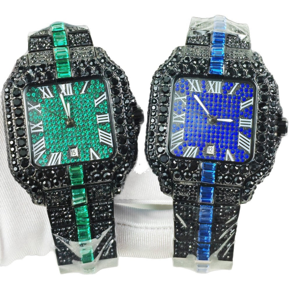 Iced Out Square Watch Men | Black CZ Blue Sapphire Baguette | Roman Numeral Blue Pave Dial | Hip Hop Luxury Date Watch