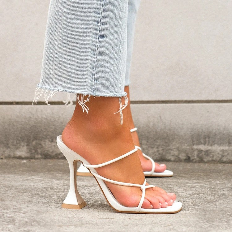 White Strappy Sculptural Heel Mules | Square Toe Thin Strap Flared Heel Sandals for Women