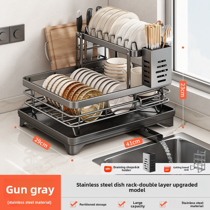 2-Tier Dish Drying Rack with Drainage | Large Capacity Kitchen Organizer with Cutting Board, Knife & Chopstick Holder | Countertop Dish Drainer
