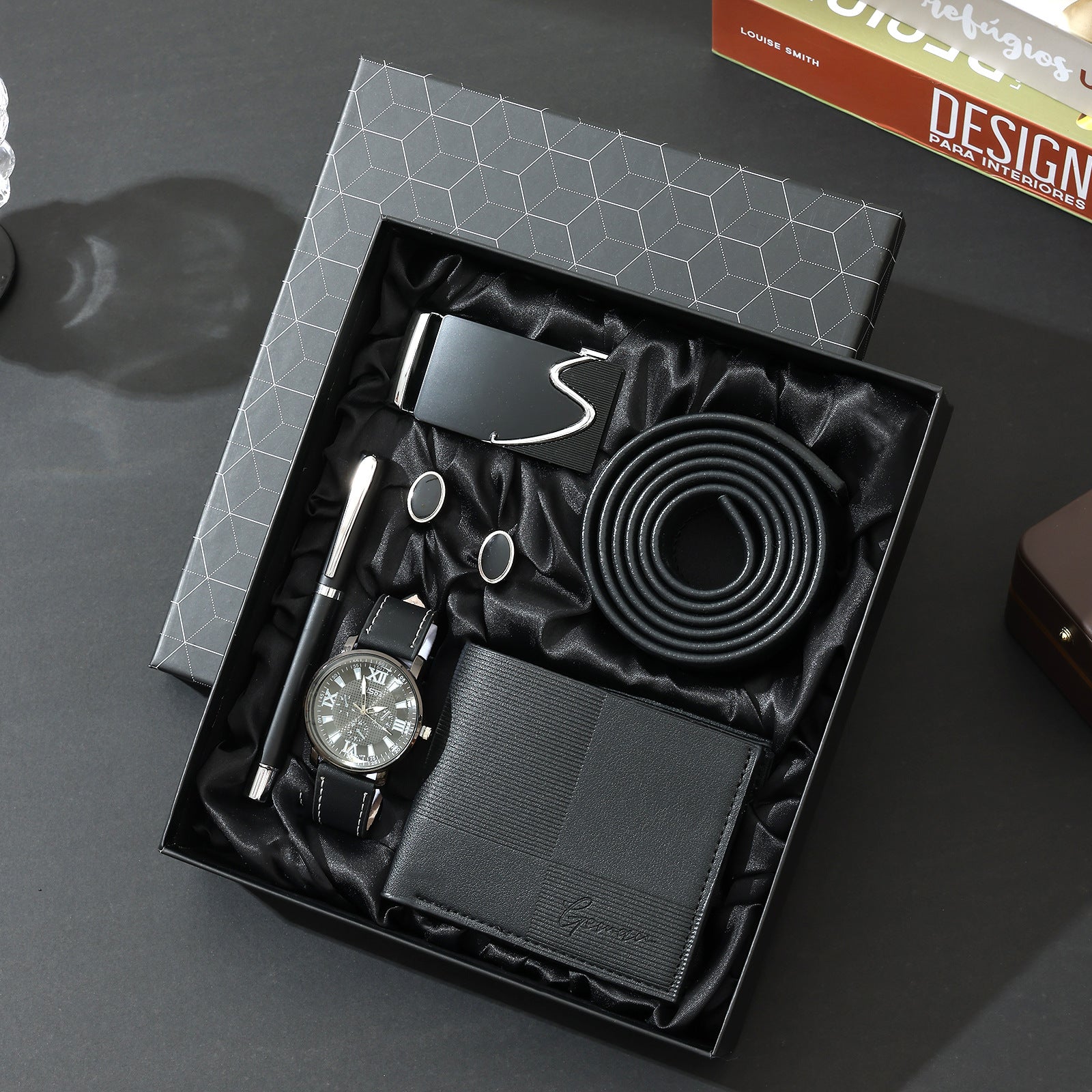 Geman Men's Luxury Gift Set – 6-Piece Black Leather Belt, Wallet, Watch, Bracelet, Keychain & Pen Box Set | Premium Men's Gift