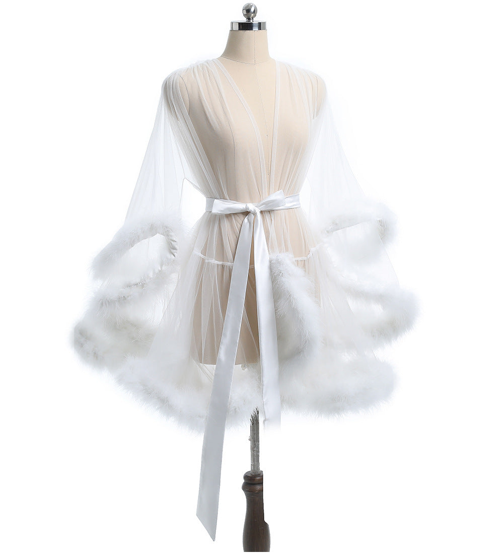 Feather Trim Sheer Mesh Lingerie Robe Set | 3-Piece Lace Bra Thong & Marabou Robe | Sexy Boudoir Intimates in Black Red White