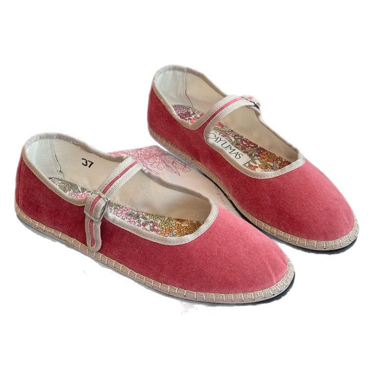 Women's Caramel Velvet Mary Jane Flats ? Vintage Handstitched Buckle Strap Ballet Shoes with Floral Insole