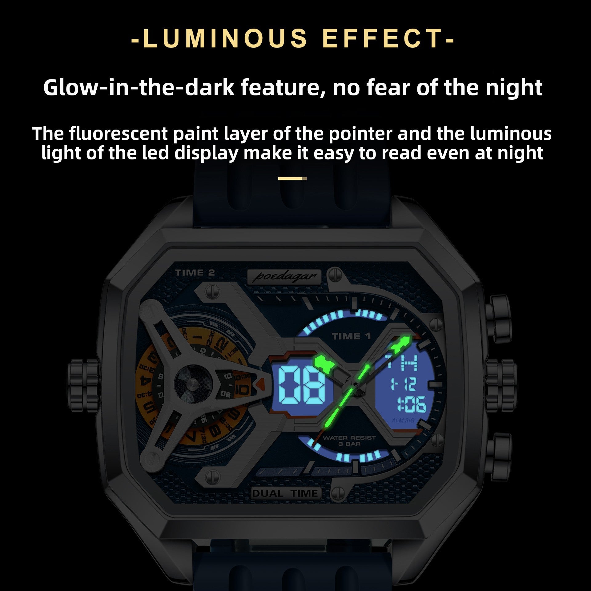Poedagar Men's Dual Time Digital Analog Watch | Square Blue Rubber Strap | Military Sport Chronograph Waterproof