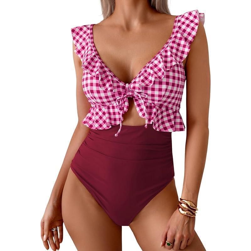 Teal Ruffle V-Neck Tie Front Cutout One Piece Swimsuit | High Waist Ruched Monokini | Women's Elegant Swimwear