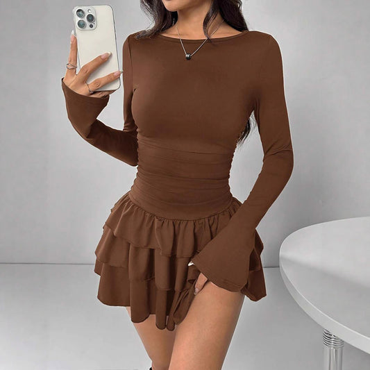 Black Long Sleeve Ruched Top & Layered Ruffle Mini Skirt Set | Women's Two Piece Outfit | Bodycon Party Dress Co-ord | Elegant Going Out Outfit