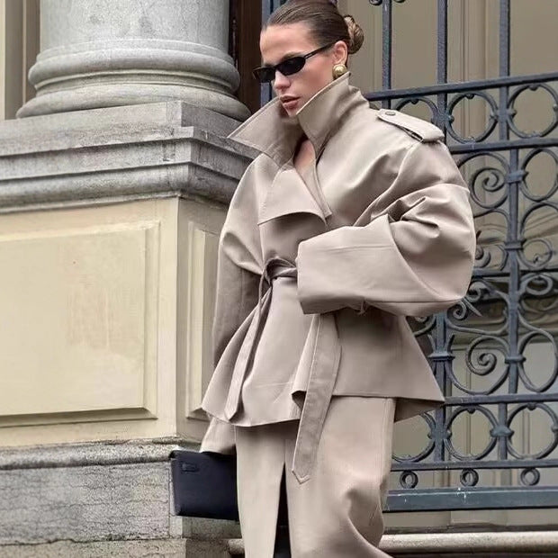 Oversized Khaki Trench Coat Women | Belted Short Trench Jacket with Lapel & Epaulettes | Elegant Outerwear