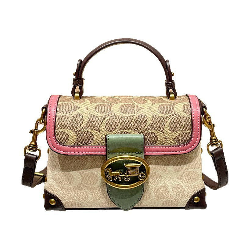Genuine Leather Signature Monogram Mini Top Handle Crossbody Bag - Tan Canvas with Pink & Green Colorblock Trim - Gold Horse Carriage Turn Lock Flap Satchel - Women's Designer Style Handbag