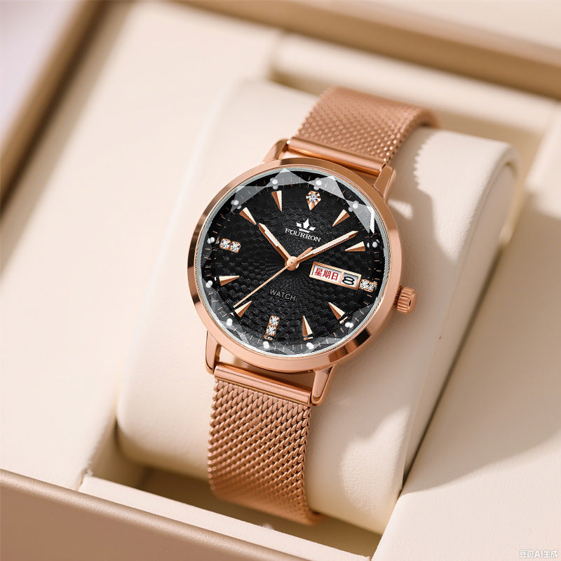 Fourron Rose Gold Mesh Women's Watch | White Dial Crystal Markers Day Date Display Elegant Quartz Timepiece