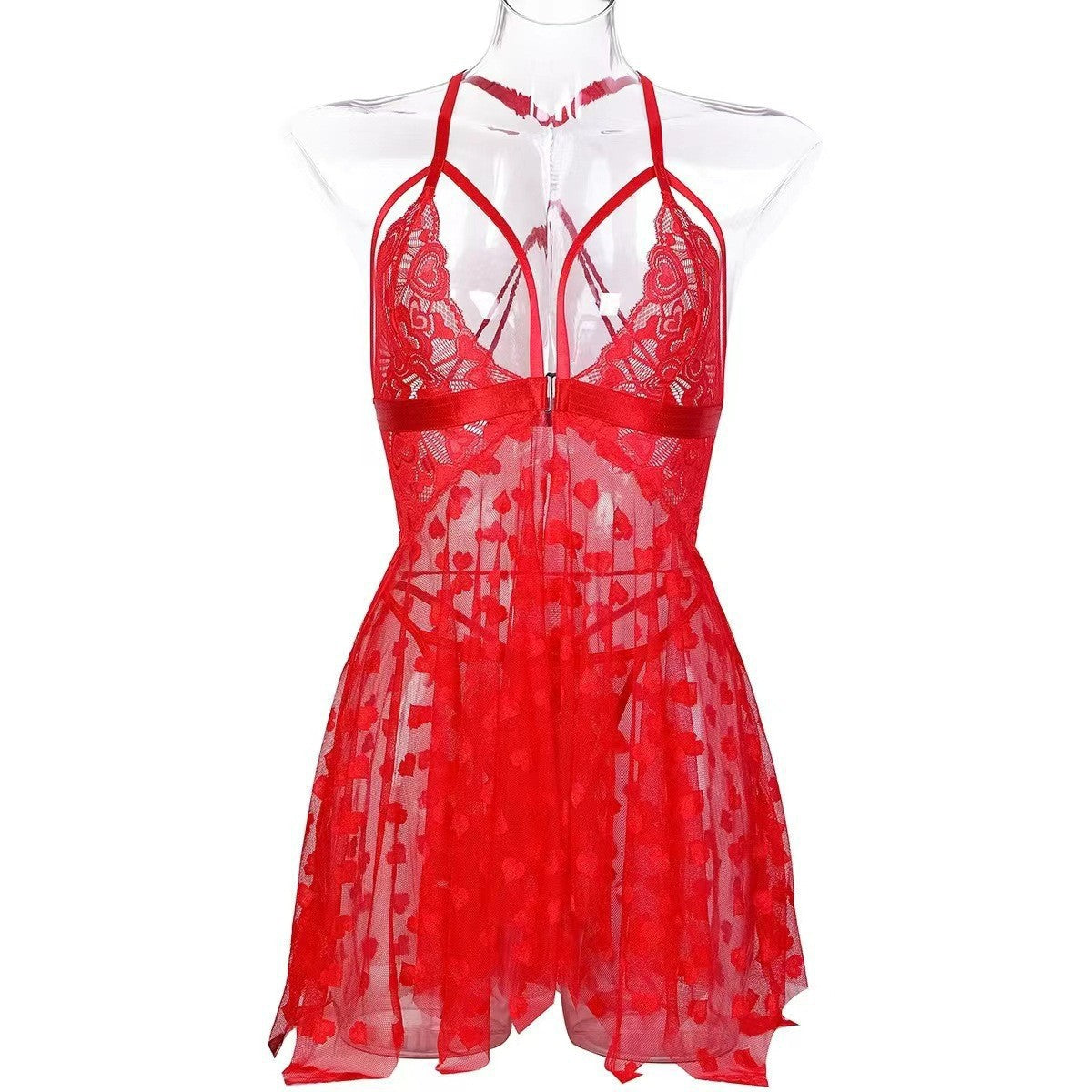 Red Heart Print Sheer Mesh Babydoll Lingerie Dress | Lace Cup Open Front Nightgown | Valentine's Day Sexy Sleepwear