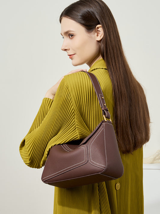 Lucia Una Shoulder Crossbody Bag in Beige Leather - Geometric Design Handbag | Convertible Strap Purse for Women