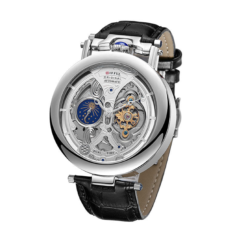 Difful Original Automatic Skeleton Watch | Dual Time and Sun Moon Display | Tourbillon Style | Blue Leather Strap | Luxury Mens Mechanical Watch