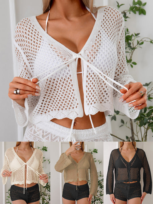 Women's Black Crochet Knit Two Piece Set - Long Sleeve Tie Front Crop Top & Drawstring Shorts - Hollow Out Mesh Swimsuit Cover Up Co-ord Set for Beach, Pool & Summer