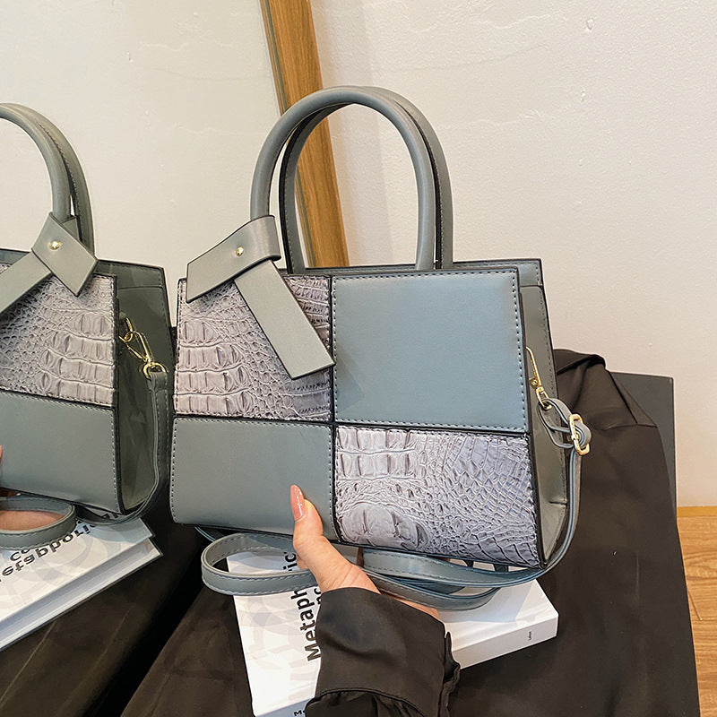 White Croc Embossed Color Block Tote Bag | Women's Luxury Style Top Handle Crossbody Handbag